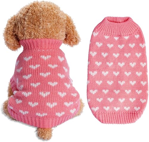 Gehanico Gestrickter Hundepullover, rosa, warme Haustier-Winterkleidung, Hunde-Herz-Pullover, warme Haustier-Hundekleidung, kleine Hunde, Herz-Pullover für kaltes Wetter, warme Haustier-Winterkleidung von Gehanico