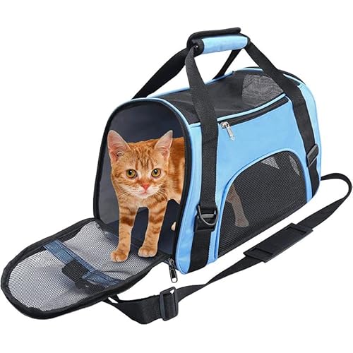 Haustier Träger Transporttasche für Katzen Hunde Comfort Fluggesellschaft zugelassen Travel Faltbar Katzenbox Oxford Gewebe mit ausgezeichneter für Katzen Kleine Hunde Welpen Durchlüftung (L,Blau) von Gehanico