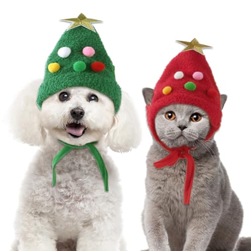 Haustier Weihnachtsmütze Weihnachtskostüm Niedlicher Plüsch Katzen Weihnachtsmütze mit Pompon für Weihnachten Hund Katze (Grün+Rot) von Gehanico