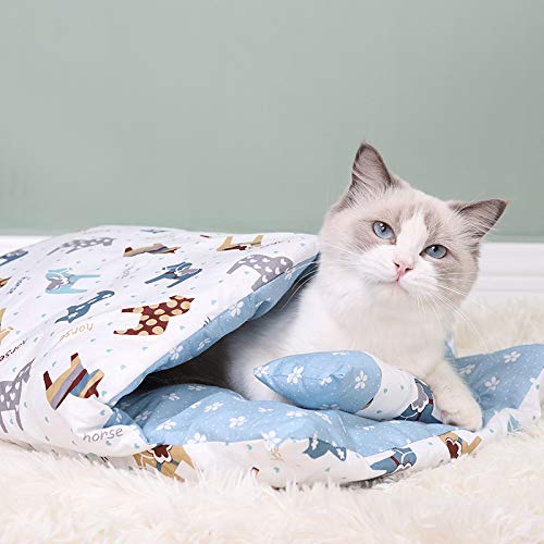 Katzenbett, Katzenschlafsack, abnehmbar und waschbar, Katzenhöhle mit Reißverschluss und Haustierkissen, super weich und bequem, Katzenkissen, Kitty-Sack, geeignet für Katzen und Welpen, M-Blau von Gehanico