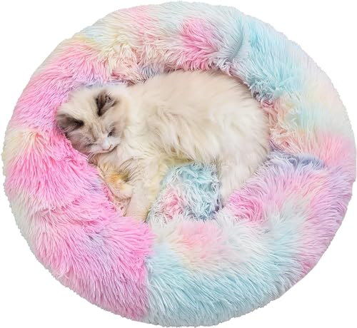 Geizire 61 cm großes Katzenbett für Katzen, kleine/mittelgroße Hunde, waschbar, Donut, beruhigend, rund, weich, flauschig, warm und gemütlich, Anti-Angst, Kuschel, Haustierbett (61 cm, Regenbogen) von Geizire