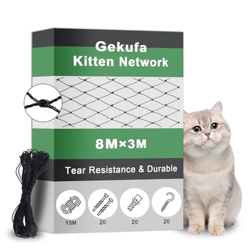 Gekufa Katzennetz für Balkon, Schwarzes 8 x 3m drahtverstärktes Balkonnetz für Katzenschutz, Langlebiges Katzenschutznetz mit 20M Befestigungsseil und Zubehör für Balkone und Fenster von Gekufa