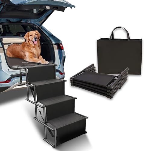 Hundetreppe für Auto, Hundetreppe für kleine und große Hunde, 4 Stufen, leichte faltbare Haustiertreppe mit wasserdichter und rutschfester Oberfläche für Autos, LKW, SUV, Haustiertreppe für ältere von Gekufa