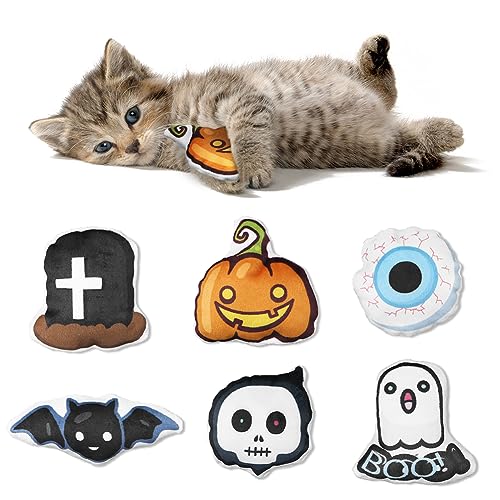 Geluode Katzenspielzeug, Halloween Horrible Cat Toys 6 Stück,Friedhof Schädel Geist Fledermaus Auge Kürbis Plüsch Katzen Spielzeug für Indoor Haustier Katzen Erwachsene Kätzchen Spiele Zähne Kauen von Geluode