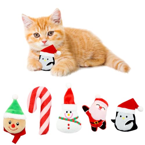 Geluode Katzenspielzeug Weihnachten,Xmas Katzenspielzeug Mit katzenminze 5 Stück,Christmas Katze Kitten Plüsch Spielzeug Cat Toys Interaktiv für Weihnachten Indoor Cat Spiele Kauen Zähne Reinigung von Geluode