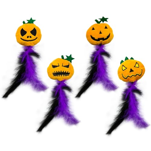 Geluode Spielzeug Katze 4 Teilig,Halloween Cat Toys,Kürbis Kitten Federspielzeug Plüsch Spielzeug Für Halloween Thanksgiving Weihnachtsfeier Katzen Interaktives Zähne Reinigung Zubehör von Geluode