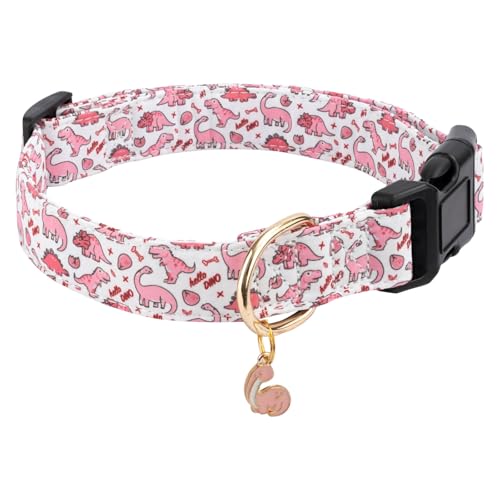 Gelwoo Hundehalsband aus Baumwolle, weich und niedlich, Welpenhalsband mit rosa Dinosaurier-Muster, für Mädchen, Hündinnen, Jungen, Hunde, verstellbare Schnalle, Haustierhalsband für kleine, von Gelwoo