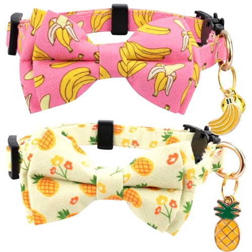 Gelwoo Katzenhalsband aus Baumwolle mit Fliege und Glöckchen für männliche und weibliche Katzen, weich, ausgefallenes Katzenhalsband mit Bananen- und Ananas-Muster, für Jungen, Mädchen, Katzen, 2 von Gelwoo