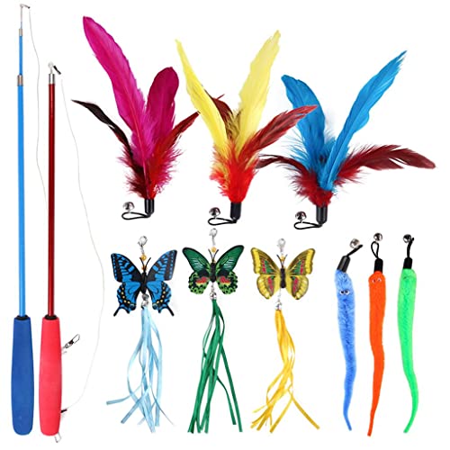 11 Cat Feather mit 9 Federminen Langer Teleskopstange Lustiges baumelndes Glockenset für Geschenk von Generic