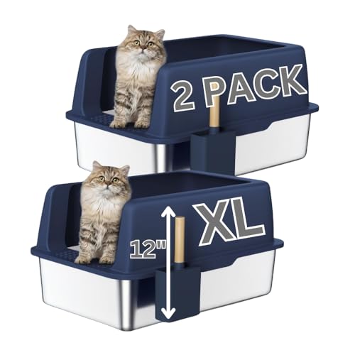 2 Stück – Edelstahl-Größe XL, halbgeschlossenes Katzentoiletten-Set für mehrere Katzen, passende Schaufel und Halter enthalten, hochseitig, leicht zu reinigen (Marineblau) von Generic