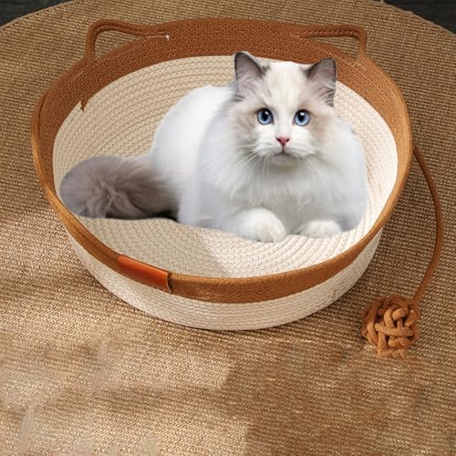 2025 Virelapets Handgewebter Katzenkorb aus Seil mit eingebautem Kratzkissen und Spielball – 3 Stile, 13"/16"/18" Größen, geeignet for alle Katzen als bequemes Bett und Spielzeug(Brown,18 inches) von Generic