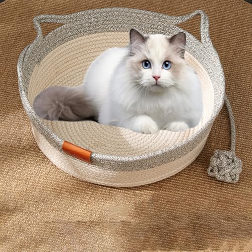 2025 Virelapets Handgewebter Katzenkorb aus Seil mit eingebautem Kratzkissen und Spielball – 3 Stile, 13"/16"/18" Größen, geeignet for alle Katzen als bequemes Bett und Spielzeug(Gray,18 inches) von Generic