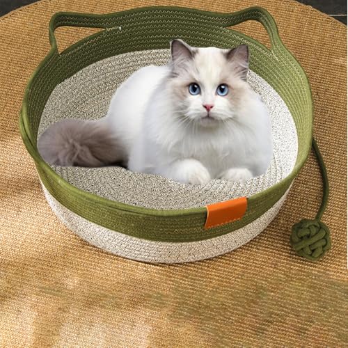 2025 Virelapets Handgewebter Katzenkorb aus Seil mit eingebautem Kratzkissen und Spielball – 3 Stile, 13"/16"/18" Größen, geeignet for alle Katzen als bequemes Bett und Spielzeug(Green,18 inches) von Generic