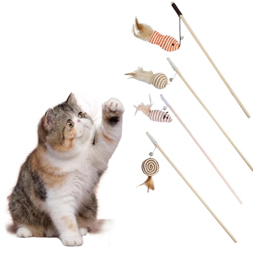 4 Stück Katzenspielzeug Angel mit Federn, 40 cm, Interaktives Katzen Spielzeug Interaktiv Katze Cat Toys Kitten Toy für Catit Set (Holz) von Generic