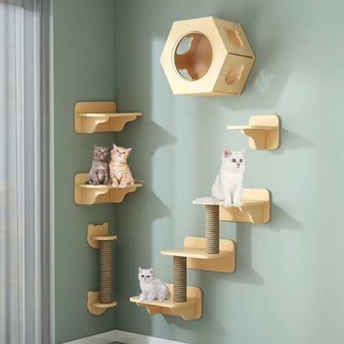 An der Wand Montiertes Katzen Kletterwand Set, Katzenwandparkour, Katze Wandelement, Vierstufige Katzentreppe Mit Sisal, Kratz-Und Kletterbaum, Schlafen, Spielen, Faulenzen (Size : Style5) von Generic