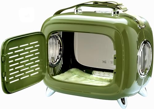 Transportbox für Hund, Katze & Kleintier | Retro TV-Box 45 x 41 x 28 cm | Reise & Transport mit Fenster, Lüftung, Polster waschbar | Hundebox Kunststoff für Kofferraum, Rücksitz & Gurt | Grün von Generic