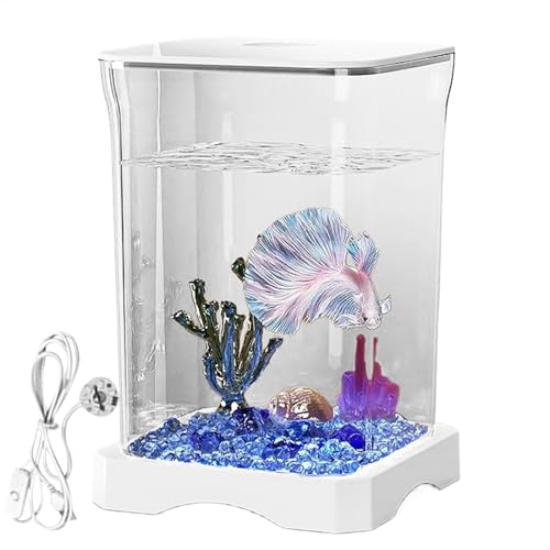 Betta Fischtank - Kreatives Betta Fisch -Ökologische Aquarium, rechteckiger Fischtank des Desktops | Klare Betta -Schüssel mit oberem Fütterungsloch, Betta Fish Fischtank mit Atmosphäre Licht für von Generic