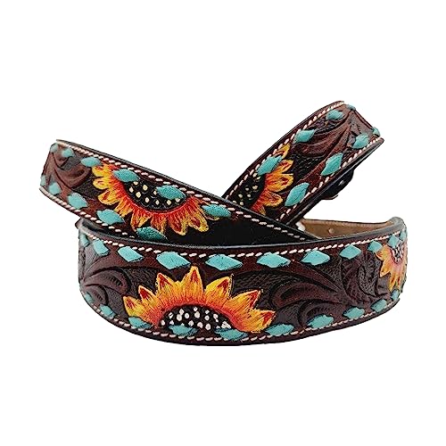 Buckstitch Sunflower Türkis Hundehalsband - Strapazierfähiges Leder Hundehalsband - Schönes Stanzmuster Leder Hundehalsband - Einzigartiges Design Handbemalte Sonnenblumen auf Tooled Leder von Generic