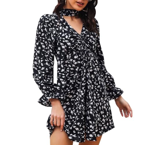 Damen Neckholder-Kleid mit V-Ausschnitt, Floral Bedrucktes Puff-Langarm-Rüschenkleid für Frauen Zum Einkaufen (M) von Generic