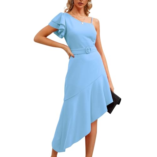 Einschultriges Rüschenkleid für Damen, Elegantes Kurzarmkleid mit Hohem, Niedrigem Saum und Gürtel, Süßes, Tägliches Damenkleid (L) von Generic