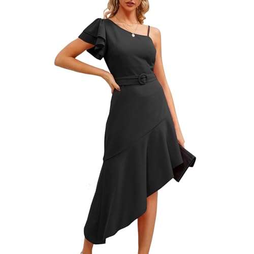 Einschultriges Rüschenkleid für Damen, Elegantes Kurzarmkleid mit Hohem, Niedrigem Saum und Gürtel, Süßes, Tägliches Damenkleid (L) von Generic