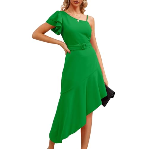 Einschultriges Rüschenkleid für Damen, Elegantes Kurzarmkleid mit Hohem, Niedrigem Saum und Gürtel, Süßes, Tägliches Damenkleid (L) von Generic