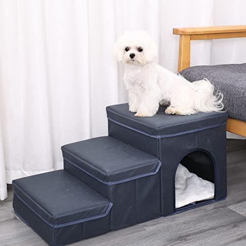 Faltbare Hundetreppe für kleine Hunde und Welpen, 3-stufige Haustiertreppe für Bett/Couch, 15 Zoll hoch, stabile Hundeleiter aus Stoff mit Stauraum und Katzenhaus, Blau von Generic