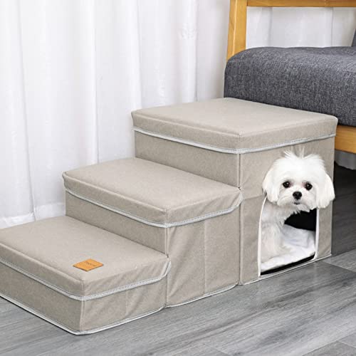 Faltbare Hundetreppe für kleine Hunde und Welpen, 3-stufige Haustiertreppe für Bett/Couch, 15 Zoll hoch, stabile Hundeleiter aus Stoff mit Stauraum und Katzenhaus,Beige von Generic