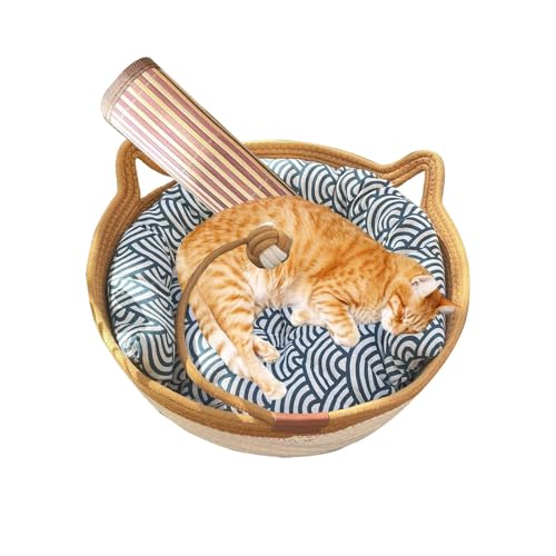 Geflochtenes Katzenbett aus Baumwollseil, handgewebtes Katzenbett - Cat Nest Basket Scratcher Cuddler mit Seilball, Kratzschutz für Katzen in Form einer Katze aus Baumwolle na von Generic