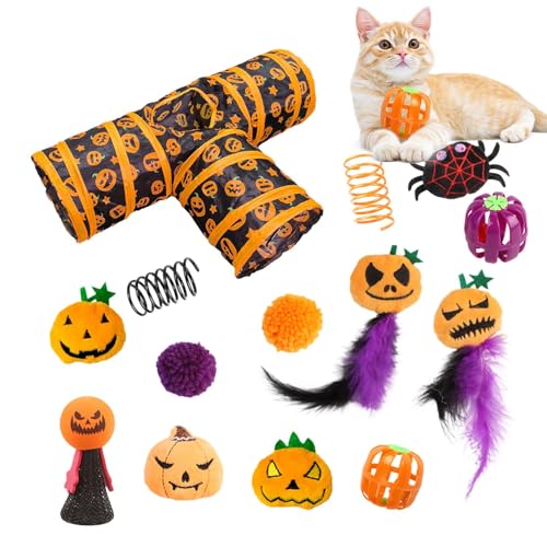 Halloween-Katzenkanal-Spielzeugset, 3-Wege-Katzentunnel-Set - Halloween Katzentunnelspielzeug Zusammenklappbarer Katzentunnel, Federstab, Kugelfedermäuse für Kaninchen, Hauskatzen von Generic