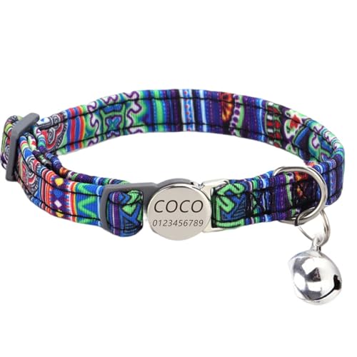 Haustierhalsband mit individueller Gravur, personalisiertes Katzen- und Hundehalsband mit Sicherheitsverschluss, Halsbänder mit Glöckchen für Katzenjungen und mädchen (Blauer ethnischer Stil) von Generic