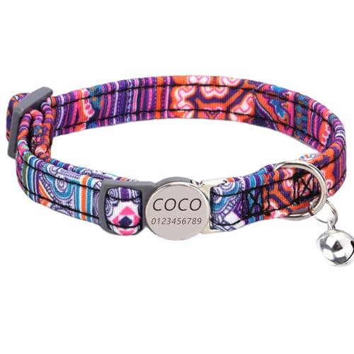 Haustierhalsband mit individueller Gravur, personalisiertes Katzen- und Hundehalsband mit Sicherheitsverschluss, Halsbänder mit Glöckchen für Katzenjungen und mädchen (Orangefarbener ethnischer Stil) von Generic