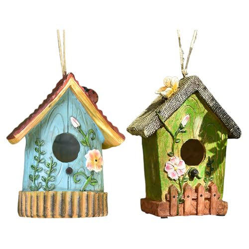 Holz Vogelhaus Bunt Deko, Kleines Handgemachte Vogelhäuschen, Frühlingsdeko zum Aufhängenm für Natürliche Vogelhütte Hinterhof/Innenhof/Terrassen HBT: ca. 13 x 7 x 16.5 cm (B-Blau/Grün, 13x7x16.5) von Generic