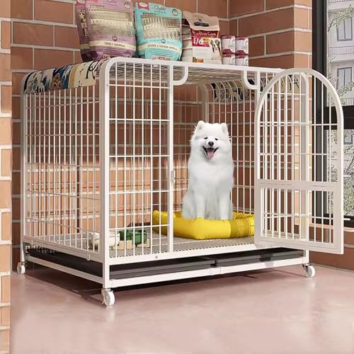 Hundebox Metall Große Hundekäfige für Drinnen Hundekisten mit Universalrädern Hundehütte mit Ausziehbarem Tablett für Welpen, Hunde und Katzen(White,110 * 72 * 93cm) von Generic