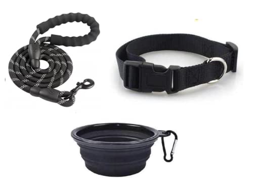 Hundetrainingsleine und Halsband mit einem kostenlosen, zusammenklappbaren Wassernapf, strapazierfähiges Seil mit reflektierendem Design, bequemer Griff, Welpengehorsam-Trainingsleine (M, Schwarz) von Generic