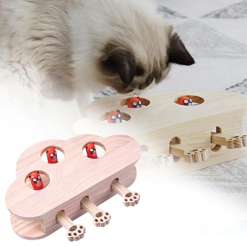 Interaktives Katzenspielzeug, Holz, Spielzeug, Maulwurf Maus, Puzzle Box mit süßen Cartoon Spielzeugen für Katzen, Jagd, Spielen, Trainieren, Kratzen 3 Löcher Spielzeug für Katzen (Beige) von Generic