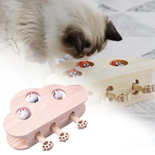 Interaktives Katzenspielzeug, Holz, Spielzeug, Maulwurf Maus, Puzzle Box mit süßen Cartoon Spielzeugen für Katzen, Jagd, Spielen, Trainieren, Kratzen 3 Löcher Spielzeug für Katzen (Beige 01) von Generic