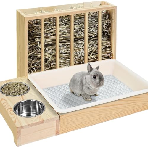 Kaninchen-Futterstation aus Holz mit Katzentoilette und Schüsseln, Heufutterstation für Kaninchen, Heu-Futterstation für Kaninchen, kleine Haustiere, Guinea, dekorativer Käfig für Huhn und Kaninchen von Generic