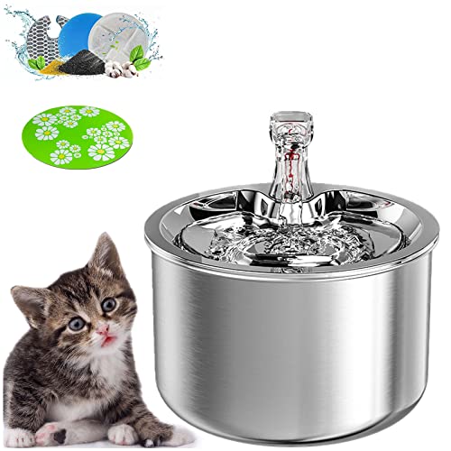 Katzen-Trinkbrunnen aus Edelstahl, Hunde-Trinkbrunnen aus Edelstahl, 2 l/67 Unzen Edelstahl 304, Einstellbarer Wasserdurchfluss, stumme Katzen-Trinkbrunnen, mit 1 Silikonmatte, 1 i von Generic