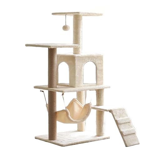 Katzenbaum, 140 cm hoch Katzenkratzbaum für Indoor-Katzen, mehrstufiger Katzenkletterturm mit Höhlen, Spielzeugbälle, große Komfort-Höhle, Hängematten, austauschbare baumelnde Bälle (Beige) von Generic