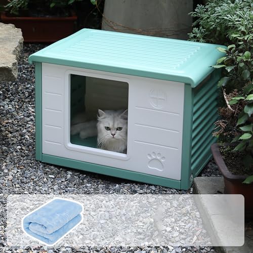 Katzenhaus Im Freien, Abnehmbare Katzenvilla Aus Kunststoff Katze Katzenhöle Katzenversteck Villa De Luxe Haus Für Katzen Draußen Winterfest Katzenhütte Maße 60.5 * 42 * 40.5 Cm(Color:Green,Size:B (wi von Generic