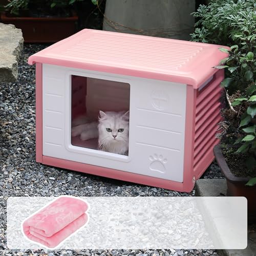 Katzenhaus Im Freien, Abnehmbare Katzenvilla Aus Kunststoff Katze Katzenhöle Katzenversteck Villa De Luxe Haus Für Katzen Draußen Winterfest Katzenhütte Maße 60.5 * 42 * 40.5 Cm(Color:Pinks,Size:B (wi von Generic