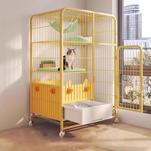 Katzenhaus Indoor Groß mit Katzentoilette, Katzenkäfig Indoor Leicht zu Bewegen, Stabiles Katzenhaus for Den Innenbereich, Katzeninnengehege mit Spritzschutzwand(Yellow,78 * 55 * 108CM) von Generic