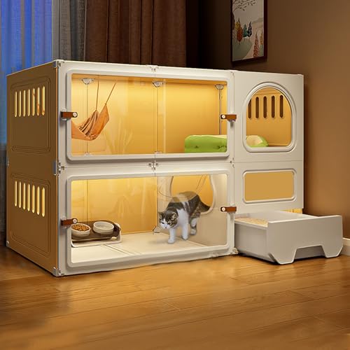 Katzenkäfig-Apartment, Katzenzaun für den Innenbereich mit Geschlossener Katzentoilette, Mehrstöckiges Katzenhaus für 1-3 Katzen(Yellow,105 * 45 * 70cm) von Generic