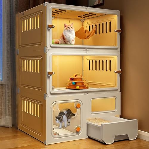 Katzenkäfig-Apartment, Katzenzaun für den Innenbereich mit Geschlossener Katzentoilette, Mehrstöckiges Katzenhaus für 1-3 Katzen(Yellow,70 * 45 * 105cm) von Generic