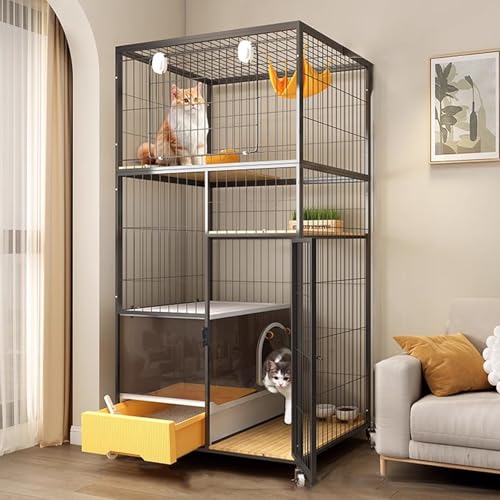 Katzenkäfig Für Draußen, 2/3/4-stöckiger Katzengehege Katzenkäfig Mit Katzenklo & 4 Universalrädern Robuster Katzenlaufstall Kleines Haustierhaus(Black,76 * 55 * 146cm) von Generic