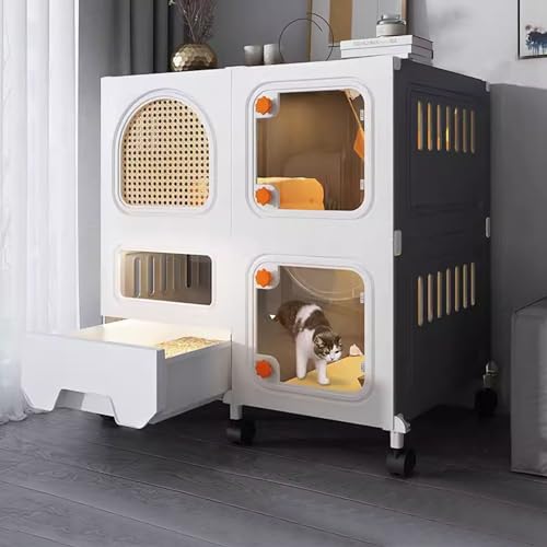 Katzenkäfige für den Innenbereich mit Katzentoilette Verdicktes PP-Material Design mit Belüftungslöchern Leicht Zu Reinigen, Ideal für 1-3 Katzen, Kleintiere(Size:2-2-1+casters) von Generic