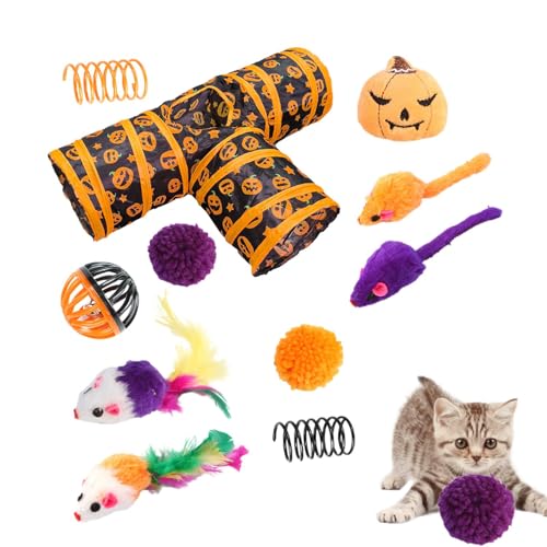 Katzenspielzeug-Set mit 3 Tunneln – Glockenball-Katzenspielzeug-Set, interaktiver Kätzchen-Spieltunnel | Bell Ball Katzenspielzeug-Set, Halloween 3-Wege-Tunnel-Spielzeugkanal-Set mit Polyester-F von Generic