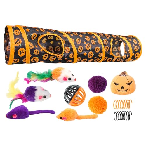 Katzenspielzeug-Set mit Tunnel, Katzentunnel mit Spielzeug, zusammenklappbare Halloween-Peekaboo-Höhle, Katzenröhre | Kürbismuster-Aktivitätszentrum, interaktives Spielzeug für kleine Tiere, gelangwei von Generic