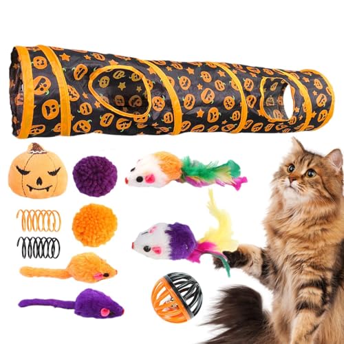 Katzenspielzeug-Set mit Tunnel,Katzentunnel mit Spielzeug - Zusammenklappbare Halloween-Katzenröhren mit Katzenspielzeug | Interaktives Spielzeug- und Aktivitätszentrum für gelangweilte Wohnungskatzen von Generic
